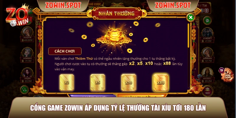 Cổng game ZOWIN áp dụng tỷ lệ thưởng tài xỉu tới 180 lần
