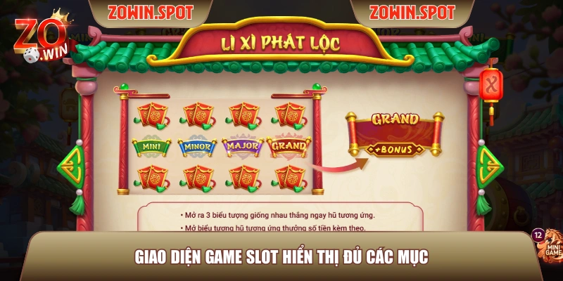 Giao diện game slot hiển thị đủ các mục