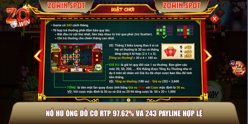 Nổ hũ Ông Đồ có RTP 97.62% và 243 payline hợp lệ